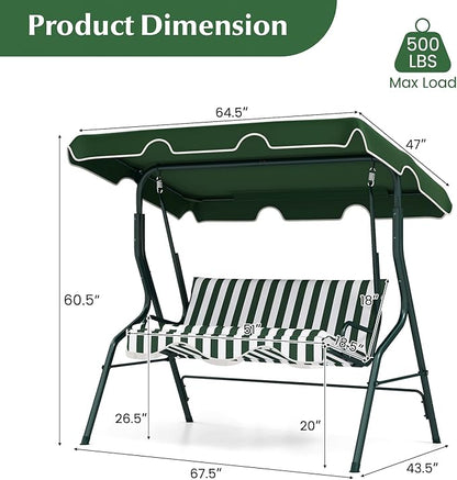 RELAX4LIFE 3-Person Porch Swing Chair - Outdoor Swing w/Adjustable Canopy, Removable Cushion & Metal Frame Stand, 3 Seat Swing Bench for Backyard Garden Poolside, Patio Swing for Adults (Green)