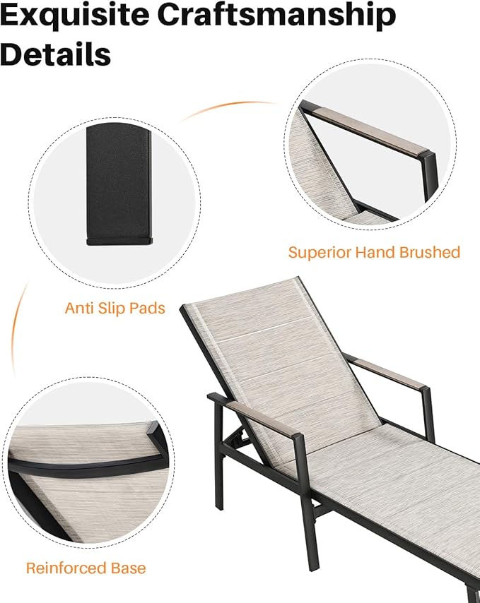 3-Piece Outdoor Chaise Lounge Set, Never-Rust Aluminum Patio Lounge Chairs with Side Table, Double-Layer Textilene Pool Lounge Chairs, Adjustable Backrest Sunbathing Loungers for Beach, Garden