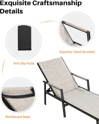 3-Piece Outdoor Chaise Lounge Set, Never-Rust Aluminum Patio Lounge Chairs with Side Table, Double-Layer Textilene Pool Lounge Chairs, Adjustable Backrest Sunbathing Loungers for Beach, Garden