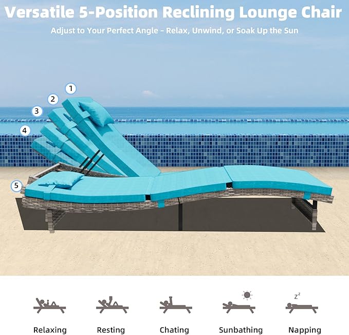 Long Reclining Chair Lounge Set (Set of 3), Modern Outdoor Patio Furniture with Adjustable Backrest & Side Table, Durable PE Wicker, Weather-Resistant Cushions, Blue
