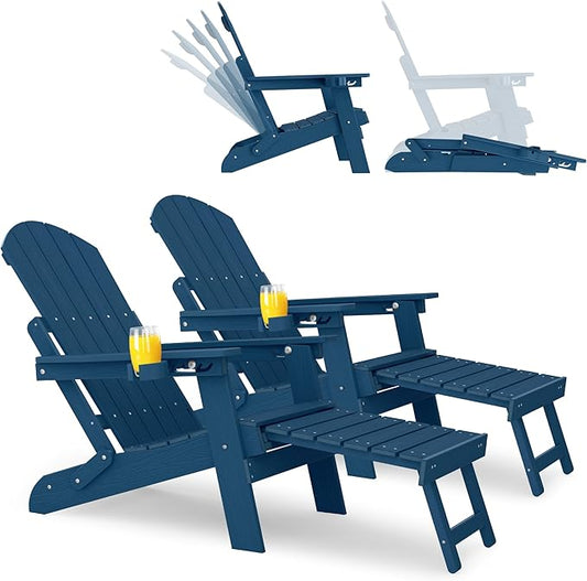 YEFU Adirondack Chair with Retractable Ottoman: Folding Adirondack Chairs Set of 2-5-Level Adjustable Backrest with Footrest - Fire Pit Chairs - Cup Holder - Outdoor Plastic Chair for Patio