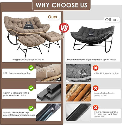RADIATA Double Papasan Rocking Chair with Ottomans, Oversized Egg Rocking Chairs for 2, Large Wide Loveseat Recliner with Comfy Cushion for Indoor Outdoor Patio Garden, Brown