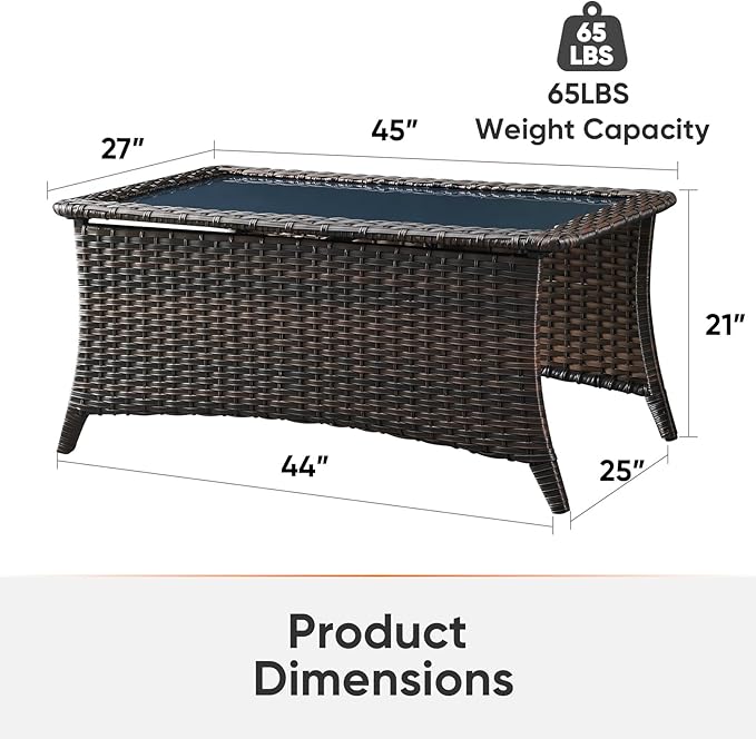 Outdoor Coffee Table - Patio Rattan Wicker Coffee Table with Tempered Glass Top Outdoor Table for Deck Porch Balcony Garden - Brown