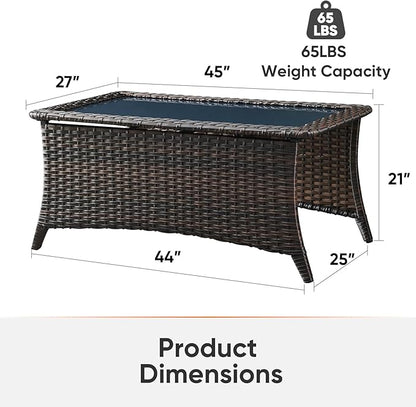 Outdoor Coffee Table - Patio Rattan Wicker Coffee Table with Tempered Glass Top Outdoor Table for Deck Porch Balcony Garden - Brown