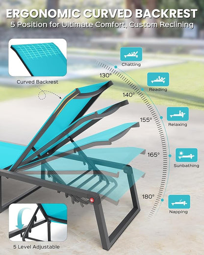 Aluminum Chaise Lounge Chair Outdoor, Foldable & Assembly Free Patio Pool Lounge Chairs 5-Position Recliner for Outside Poolside, Fully Grounded Legs Sun Lounger for Beach, Yard, Lake Blue