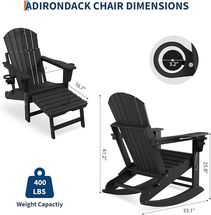 GAOMON 4-in-1 Folding HDPE Adirondack Chair with Retractable Ottoman & Removable Rocking Base, All-Weather Outdoor Patio Chair with Large Cup Holder, 400lbs Capacity, for Garden Lawn, Black