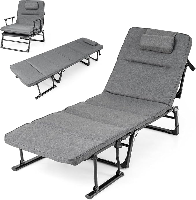 Tangkula Lounge Chair Outdoor with Cushion, 3 in 1 Convertible Outdoor Indoor Heavy Duty Folding Chaise Lounge Chair with 6-Position Adjustable Backrest & Flip-up Pillow (1,Gray)