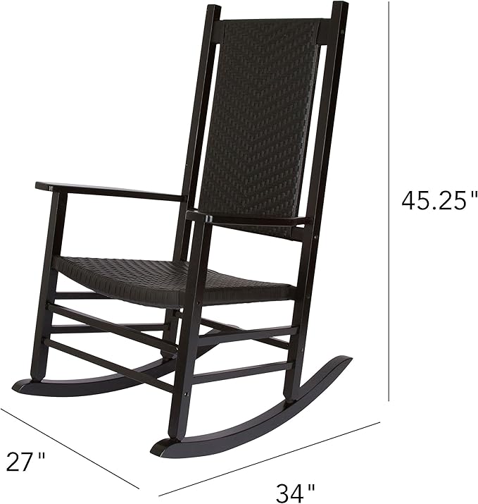 Shine Company Hampton Porch Rocker, High Back Wood Rocking Chair, Rattan Backrest & Seat, Black