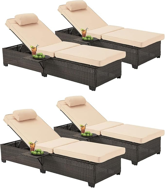 HOMREST PE Wicker Chaise Lounge Chairs Set of 4,Adjustable 5 Position Outside Rattanr Patio Pool Chair with Headrest,Cushion and Storage Rack for Poolside Backyard Porch,Khaki