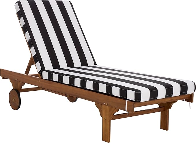 SAFAVIEH Outdoor Patio Furniture Collection - Newport Natural Solid Wood Chaise Lounge Chair with Black Stripe Cushion, Adjustable Backrest (PAT7316E)