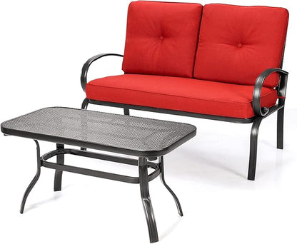 Giantex Patio Loveseat with Coffee Table Outdoor Bench with Cushion and Metal Frame, Loveseat Porch Furniture Set Sofa for Garden, Yard, Patio or Poolside (Red & Black)