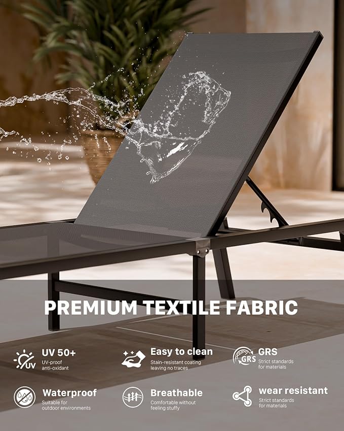 Aluminum Chaise Foldable Patio Lounge Chair Outdoor, Metal Deck Lounger Adjustable 5-Position Recliner Pool Chase Breathable Full Flat Outside Sun Tanning Chairs for Beach/Poolside/Lawn(Grey, 2 Pack)