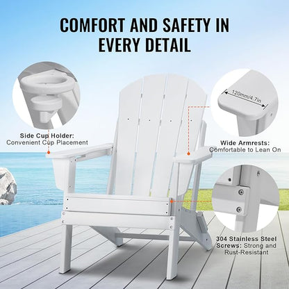 Happybuy Adirondack Chair Plastic, Set of 2 All-Weather Portable Folding Fire Pit Chair, Outdoor Adirondack Patio Chair with Cup Holder, with Relaxing Arm Rest Ergonomic, for Garden, Backyard - White