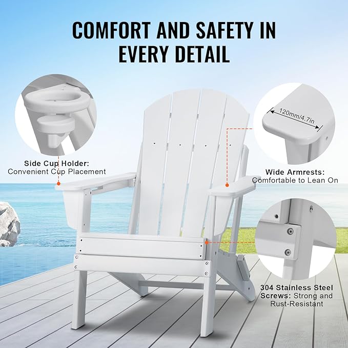 VEVOR Folding Adirondack Chairs Set of 2 with Cup Holder, All-Weather Portable Plastic Fire Pit Chair, Outdoor Adirondack Patio Chair, with Relaxing Arm Rest Ergonomic, for Garden, Backyard, White