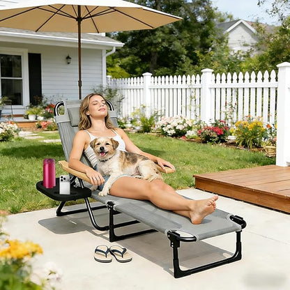 Folding Outdoor Chaise Lounge Chair with Arms, 4 Reclining Back Sunbathing Lounge Chair, Sun Tanning Chairs for Outside Portable with Cup Holders for Beach Patio Camping Poolside Yard (Gray)