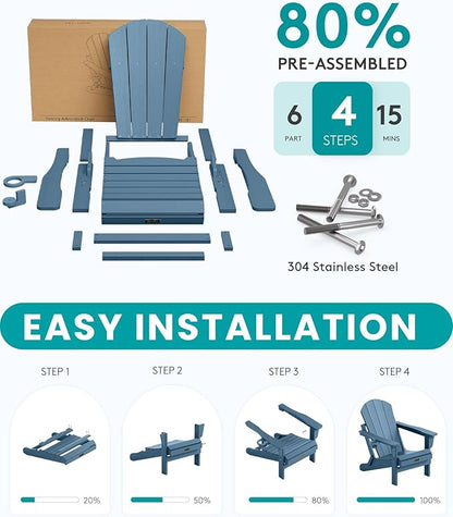 SERWALL Folding Adirondack Chair with Cup Holder Set of 2, All Weather Adirondack Chairs, Wooden Textured Fire Pit Chairs for Patio Garden Outdoors Fire Pit - Blue