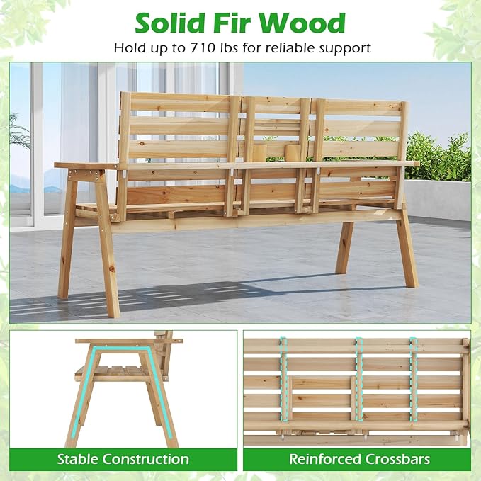 HAPPYGRILL Outdoor Fir Wood Bench with Foldable Middle Table, 2-3 Person Patio Garden Bench with Armrests and Backrests, Wooden Loveseat Chair with 710lbs Capacity (Natural)