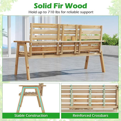 HAPPYGRILL Outdoor Fir Wood Bench with Foldable Middle Table, 2-3 Person Patio Garden Bench with Armrests and Backrests, Wooden Loveseat Chair with 710lbs Capacity (Natural)