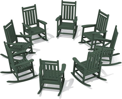 SERWALL HDPE Outdoor Rocking Chair Set of 8, Patio Rocking Chairs for Adults, All Weather Outdoor Rockers for Lawn, Green