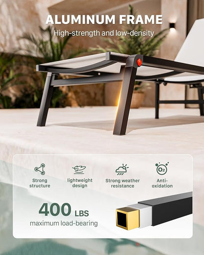 Aluminum Chaise Foldable Patio Lounge Chair Outdoor, Metal Deck Lounger Adjustable 5-Position Recliner Pool Chase Breathable Full Flat Outside Sun Tanning Chairs for Beach/Poolside/Lawn(White, 1Pack)