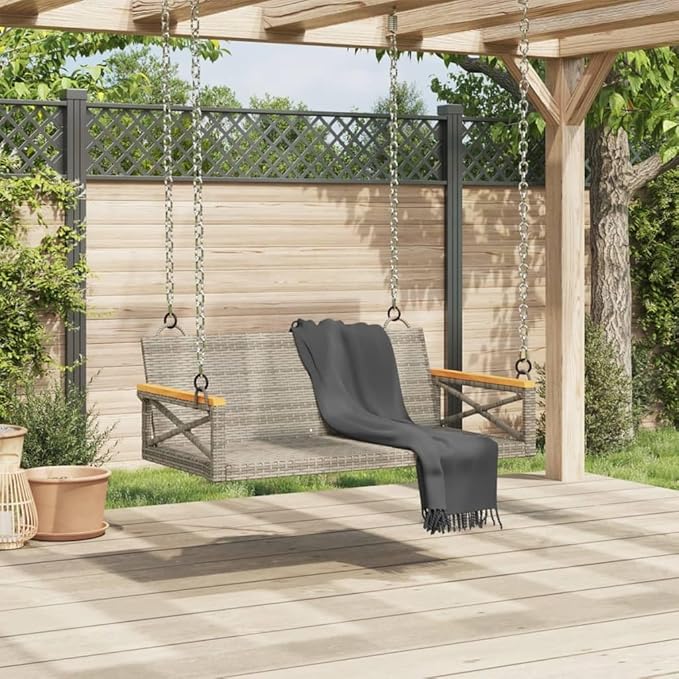 Gray PE Rattan Patio Swing Bench with Powder-Coated Steel Frame, Modern Outdoor Furniture for Balcony Garden, Weather-Resistant and Comfortable Seating
