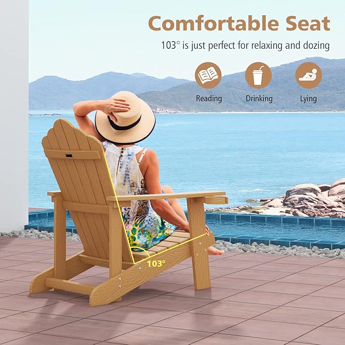 Tangkula Oversized Adirondack Chair, Patio Lounge Chairs w/Adjustable Cup Holder, HIPS Armchairs Slatted Chair, Outdoor Weather Resistant Fire Pit Chair for Deck Backyard Garden Porch (4, Teak)