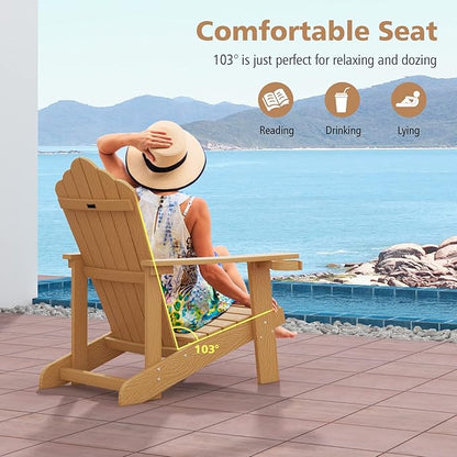 Tangkula Oversized Adirondack Chair, Patio Lounge Chairs w/Adjustable Cup Holder, HIPS Armchairs Slatted Chair, Outdoor Weather Resistant Fire Pit Chair for Deck Backyard Garden Porch (4, Teak)