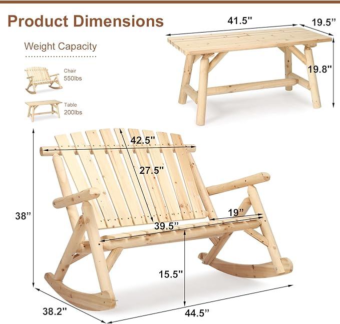 HOMEDIARY Outdoor Wood Rocking Bench Set, Patio Bistro Set-2 Person Rustic Adirondack Log Rocker with Side Table, Slatted Seat/High Backrest, Patio Rocking Furniture Set for Garden Backyard, Natural