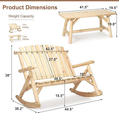 HOMEDIARY Outdoor Wood Rocking Bench Set, Patio Bistro Set-2 Person Rustic Adirondack Log Rocker with Side Table, Slatted Seat/High Backrest, Patio Rocking Furniture Set for Garden Backyard, Natural