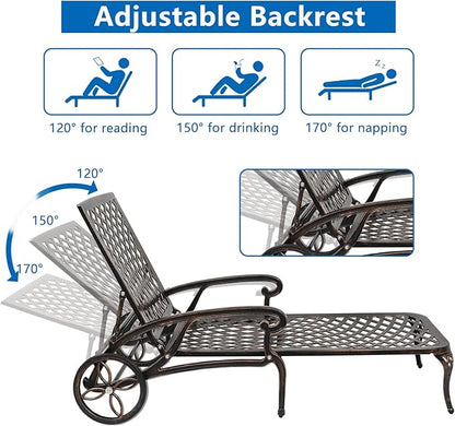 Outvita Lounge Chairs for Outside, Patio Cast Aluminum Recliner with Adjustable Back and Rolling Wheels for Backyard Porch Pool Balcony Deck (Bronze)