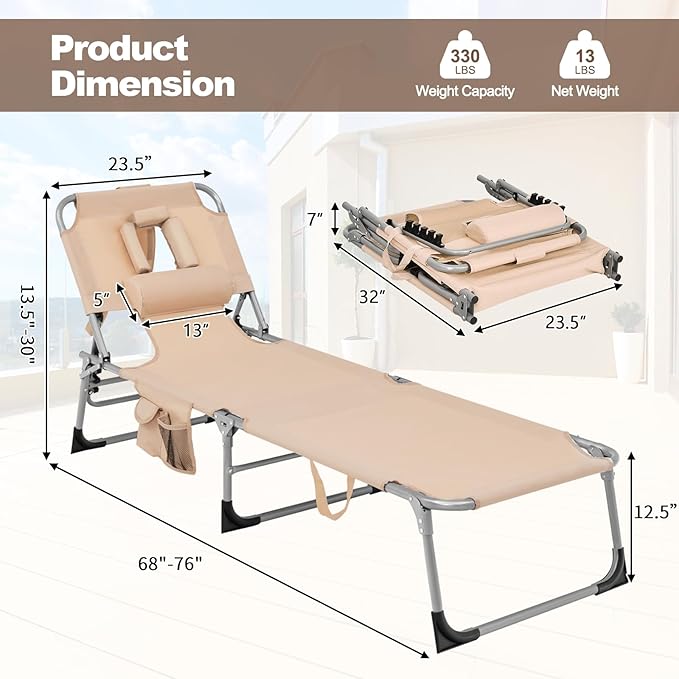 Tangkula Tanning Chair with Face Hole, Patio Folding Adjustable Reclining Beach Sunbathing Lounge Chair with Side Pocket - Photo 3