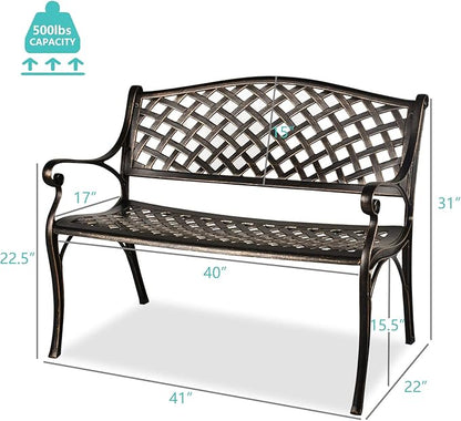 LEISU OKIDA 41” Outdoor Garden Bench All-Weather Cast Aluminum Porch Loveseat Chair for Patio Park Path Yard Lawn Work Entryway Decor Deck (Bronzed)