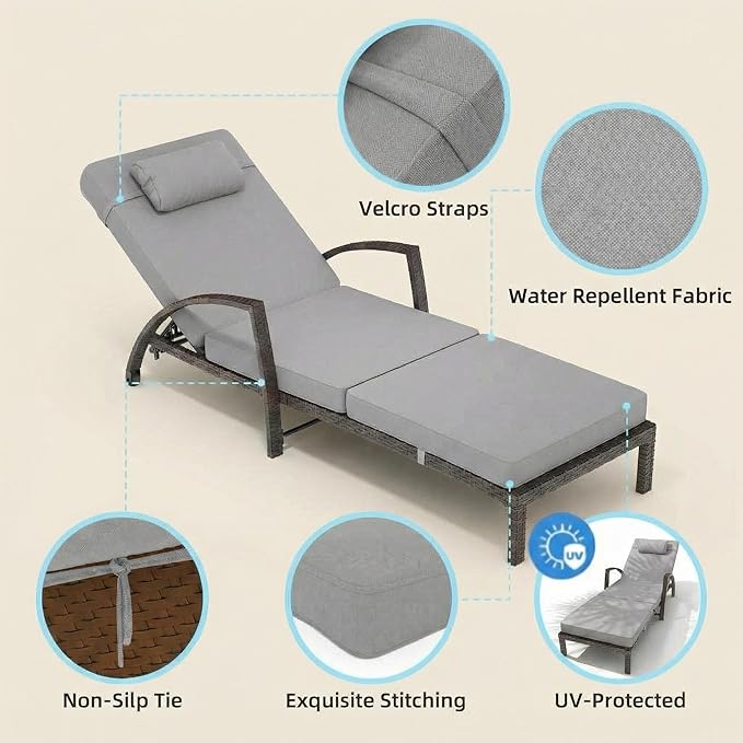 GarveeHome Outdoor Chaise Lounge Set of 2, Weather-Resistant PE Rattan Recliners with 5 Adjustable Positions, Wheels, Armrests, Cushions & Pillows, Collapsible for Poolside, Deck, Gray Cushion
