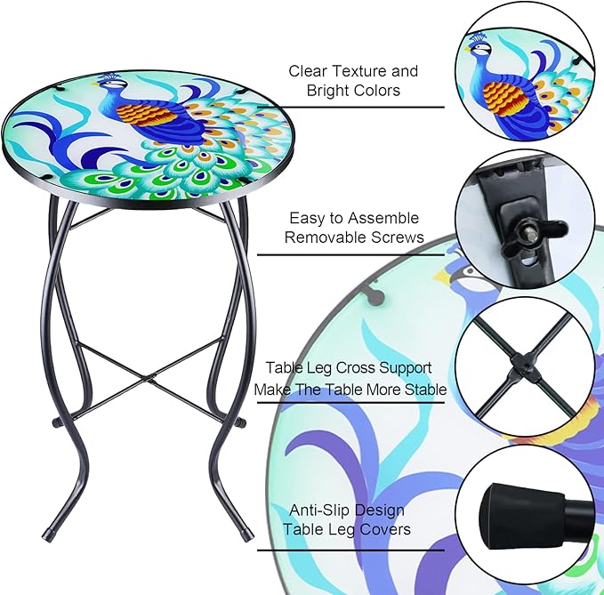 12 Inch Small Outdoor Side Table with Colorful Peacock, Glass Mosaic Patio Table Indoor - Photo 3