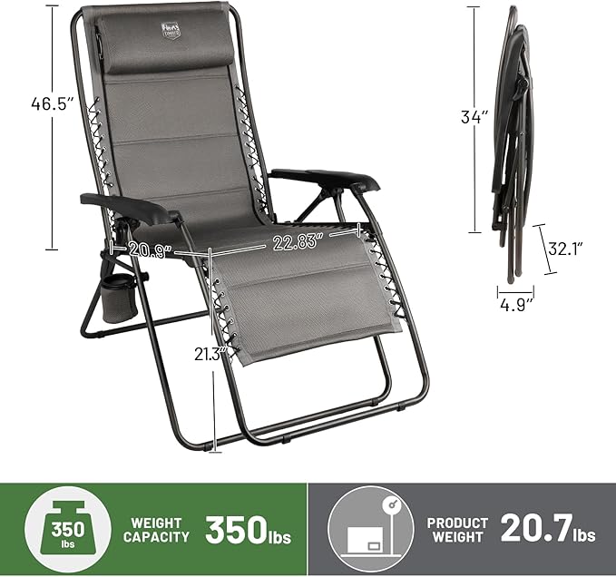 TIMBER RIDGE Aluminum Zero Gravity Chairs, Folding Recliner Chair Padded with Cup Holder and Headrest, Adjustable Lounge Reclining Chair for Outdoor Camping Lawn Patio Indoor, Supports 350lbs, Brown