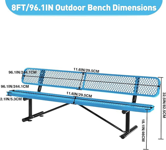 8Ft Outdoor Bench with Back Portable Frame, Outdoor Steel Park Bench with Backrest, Expanded Metal Mesh Bench for Outside, Lawn, Backyard, Park, Garden, Patio, Porch, Blue