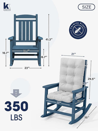 KINGYES Oversized Outdoor Rocking Chair with Cushion, All-Weather Patio Rocking Chairs, HDPE Porch Rocker for Adults, 350 lbs Capacity, Blue Chair with Grey Cushion