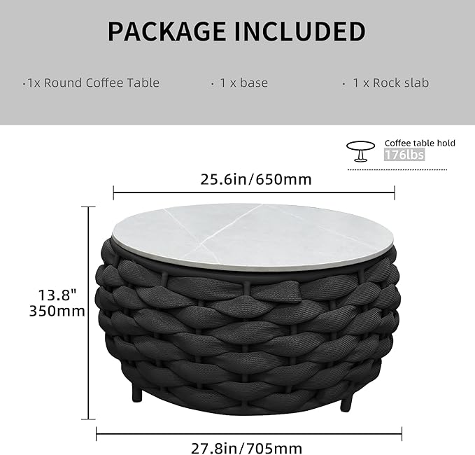 TWT Outdoor Coffee Table for Patio Table Rope Patio Coffee Table Lawn Garden Small Coffee Table with Rock Slab Top All-Weather, 25.6in(Textilene Rope, Dark Grey)