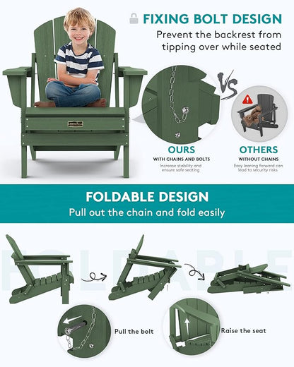 SERWALL Folding Adirondack Chair Set of 8, Weather Resistant Patio Chair with Cup Holder for Patio Garden Outdoors Fire Pit- Army