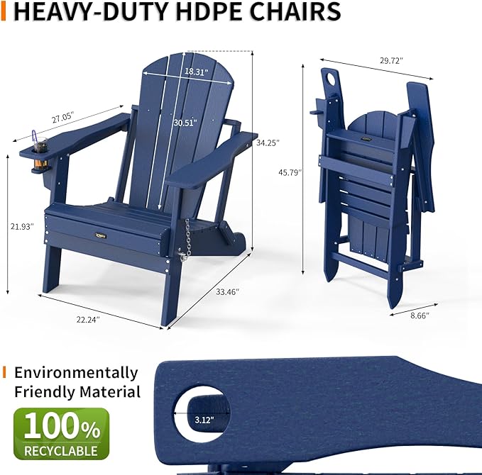 VINGLI Plastic Adirondack Chairs Set of 4, Folding with Cup Holder, Waterproof HDPE Material, Comfortable 380lb Weight Capacity for Outdoor Pool Patio Lounge Chair Lawn Furniture Firepit (Navy Blue)
