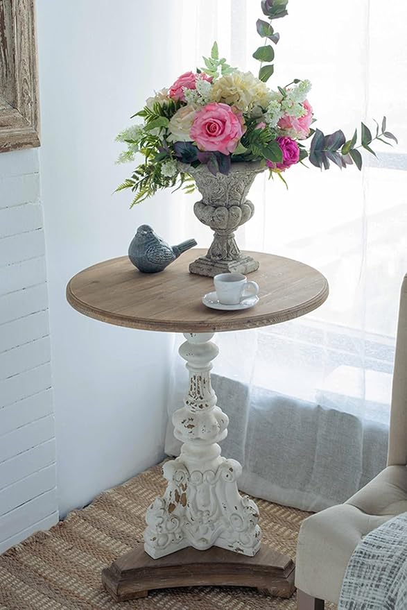 Patio Round Wood Side Table French Country Circle End Table Small Coffee Tables Drink Table with Pedestal Bedside Tables Nightstand for Small Spaces Living Room Distressed White & Wood