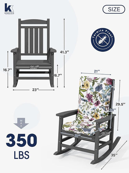 KINGYES Oversized Outdoor Rocking Chair with Cushion, All-Weather Patio Rocking Chairs, HDPE Porch Rocker for Adults, 350 lbs Capacity, Grey Chair with Flower Cushion