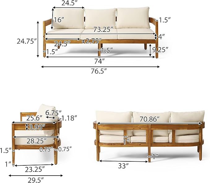 Brooklyn Outdoor 3 Seater Sofa with Cushions - Acacia Wood - Teak/Beige - Photo 5