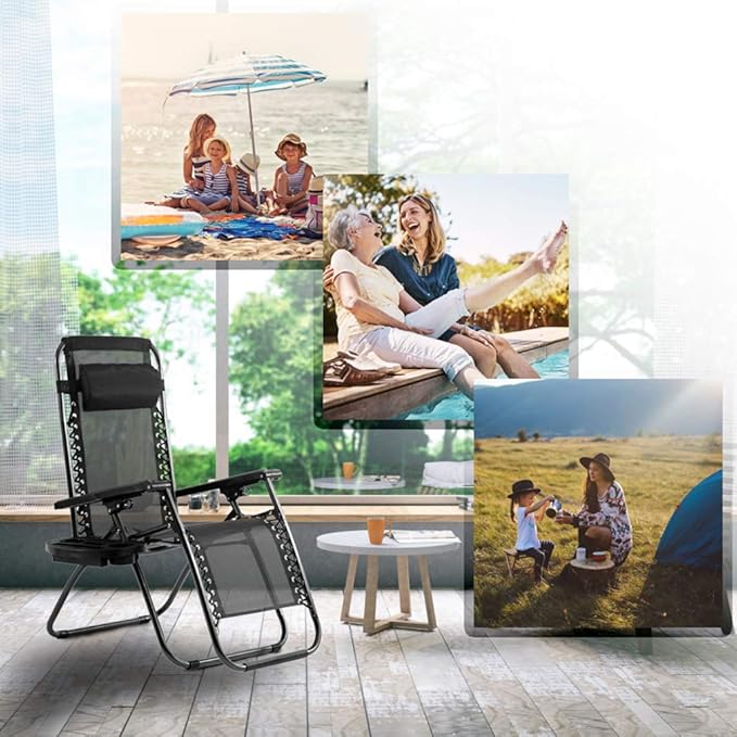FDW Zero Gravity Chairs Set of 2 Black Lounge Patio Chairs Outdoor Yard Beach with Cup Holders, Black - Photo 6