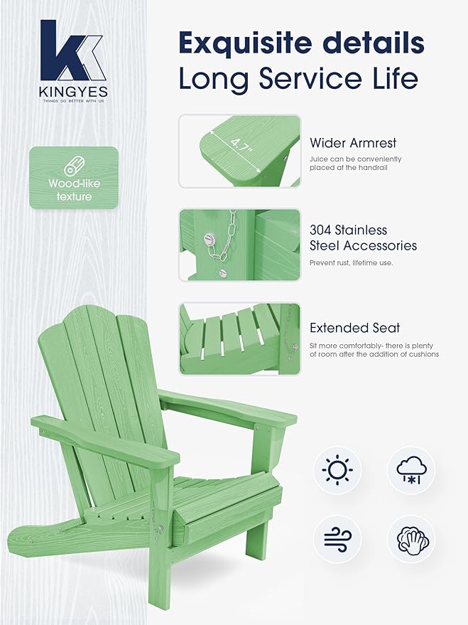KINGYES Folding Adirondack Chair Set of 2, HDPE All-Weather Folding Adirondack Chair, Light Green