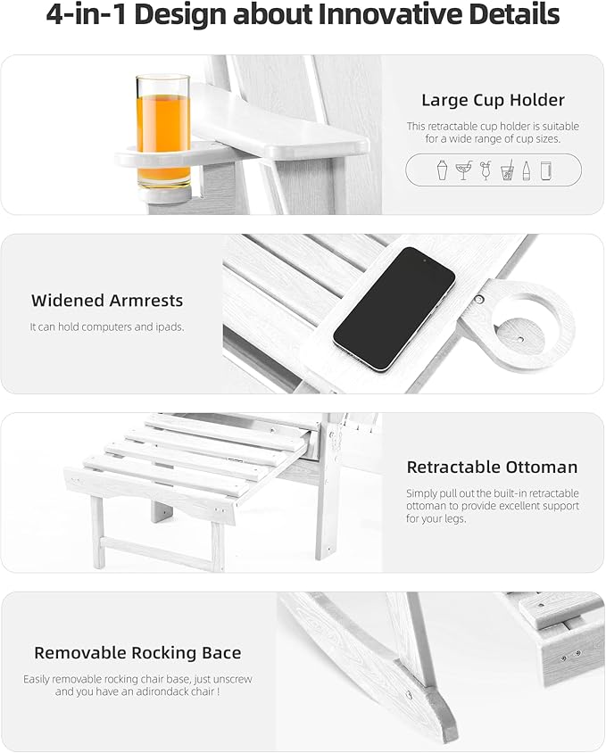 Folding Adirondack Rocking Chair,4-in-1 Multifunctional Patio Chair with Retractable Ottoman, Outdoor Chair Wood Texture, Lawn Chair for Porch, Backyard, Pool(White)