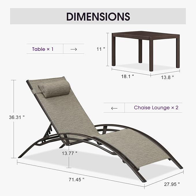 PURPLE LEAF Outdoor Oversized Chaise Lounge Chair Set of 3 Patio Pool Lounger Bronze Aluminum Chairs with Side Table Adjustable Tanning Recliner for Outside Backyard Yard Deck Beach Ivory Granite