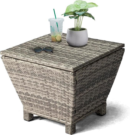 VINGLI Outdoor Side Table with Storage, 13-Gallon Patio Deck Box Outdoor Wicker Side Table for Poolside Balcony Storage Table (Grey, Trapezoid)