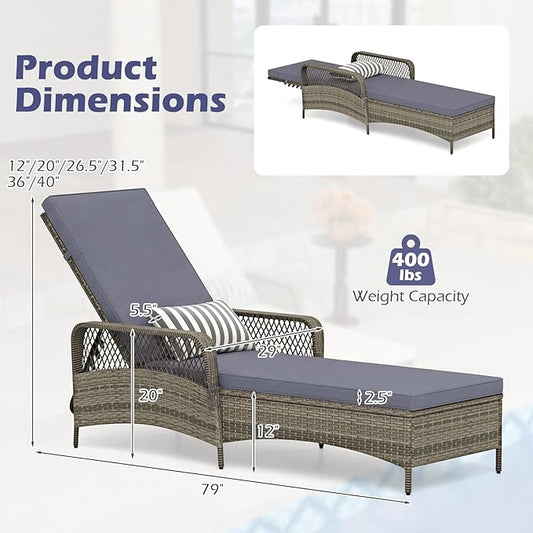 Wicker Chaise Lounge Chair, Patio Rattan Recliner with 6-Position Adjustable Backrest, Soft Cushions, Removable Lumber Pillow & Armrests, Lounger Chair for Poolside & Backyard (Gray)
