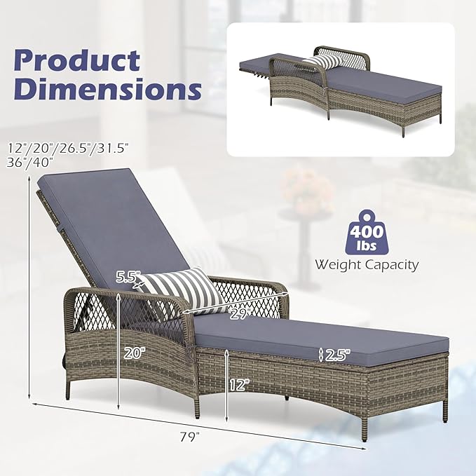 Wicker Chaise Lounge Chair Set of 2, Patio Rattan Recliner with 6-Position Adjustable Backrest, Soft Cushions, Removable Lumber Pillow & Armrests for Poolside & Backyard (Gray)